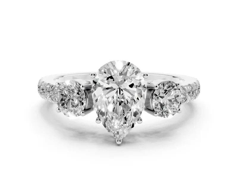 Pear Cut Diamond Three-Stone Ring Set in White gold with Round Side Stones and Delicate Pavé Band