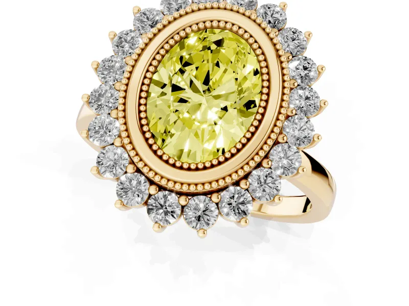Fancy Yellow Oval Cut Diamond Halo Ring Set in Yellow gold with Milgrain Edge and Round Prong Setting