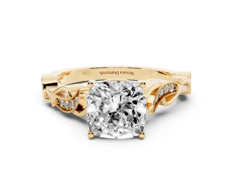 Cushion Cut Diamond Vine Band Solitaire Ring Set in Yellow gold with Milgrain Prong Setting