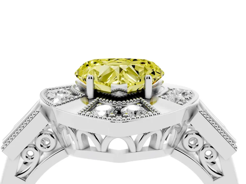 Fancy Yellow Heart Cut Diamond Milgrain Halo Ring Set in Silver with Split Shank