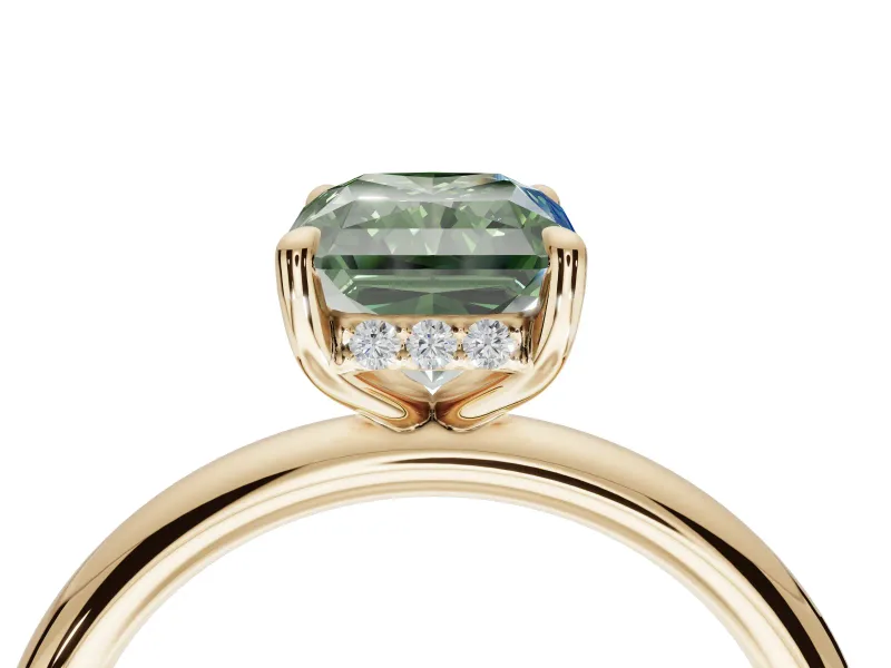 Radiant Cut Hidden Halo Ring Setting for a Fancy Green Lab-Grown Diamond | Yellow Gold