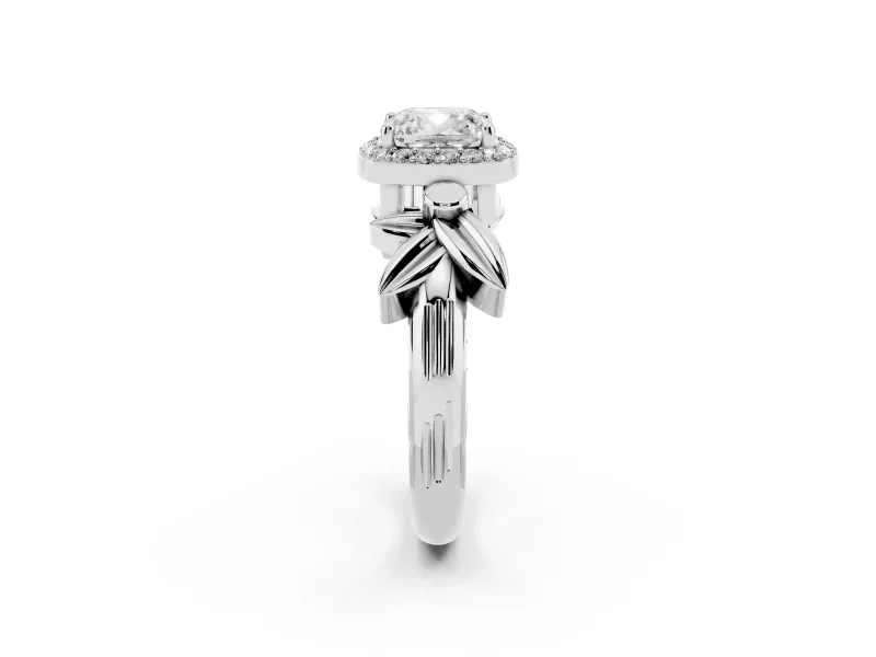 Cushion Cut Floral Halo Engagement Ring Setting | Leaf Shoulders | Sterling Silver