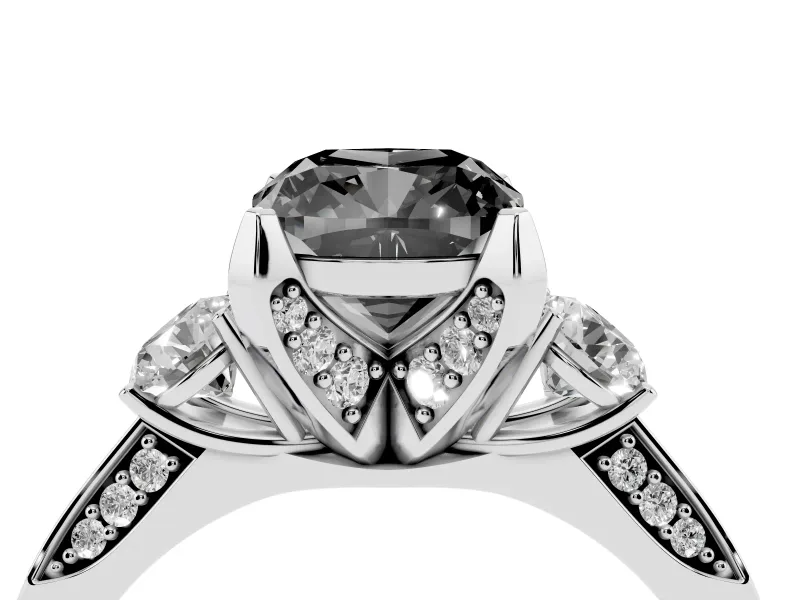 Cushion Cut Hidden Halo Three Stone Engagement Ring Setting for a Black Center | White Gold