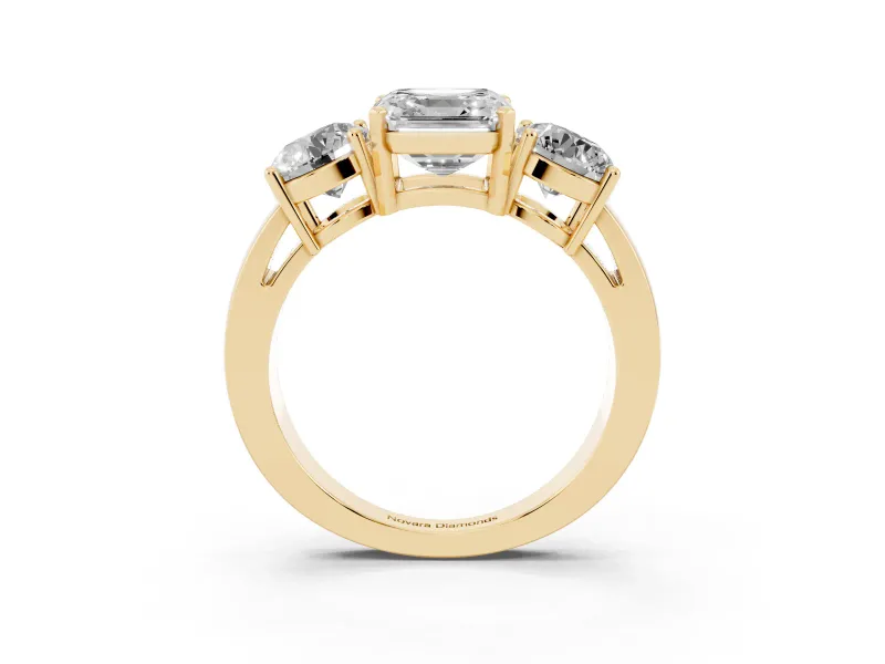 Asscher Cut Diamond Three-Stone Ring Set in Yellow gold with Round Side Stones and Classic Band