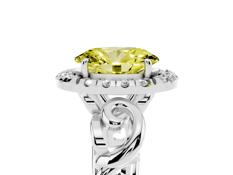 Fancy Yellow Oval Cut Diamond Halo Ring Set in White gold with Scrollwork Band and Prong Setting