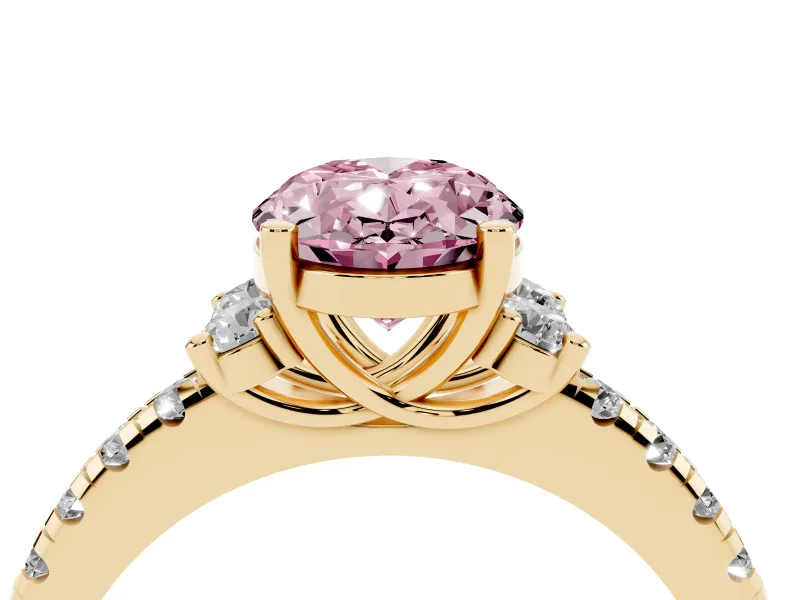 Oval Side Stone Engagement Ring Setting for a Fancy Pink Lab-Grown Diamond | Pave Band | Yellow Gold