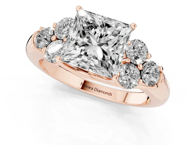 Princess Cut Side Stone Engagement Ring Setting | Triangle Side Clusters | Rose Gold