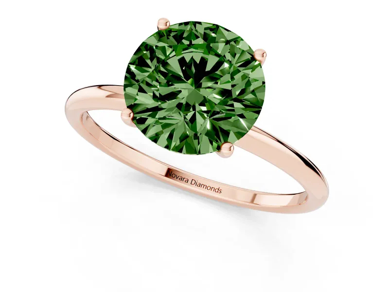Fancy Green Round Cut Diamond Solitaire Engagement Ring Set in Rose gold with Thin Band and Prong Setting