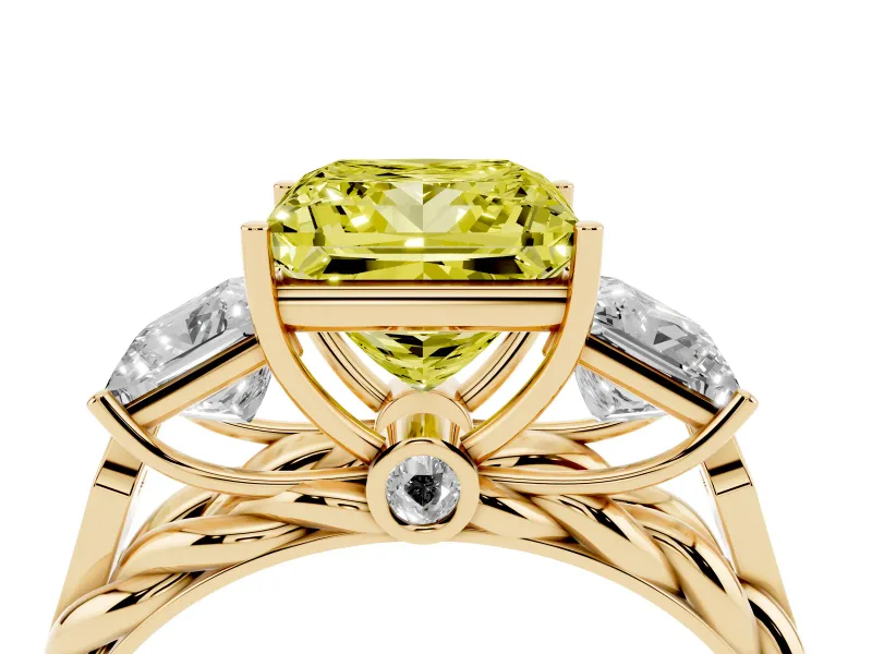 Fancy Yellow Princess Cut Diamond Three-Stone Ring Set in Yellow gold with Braided Band