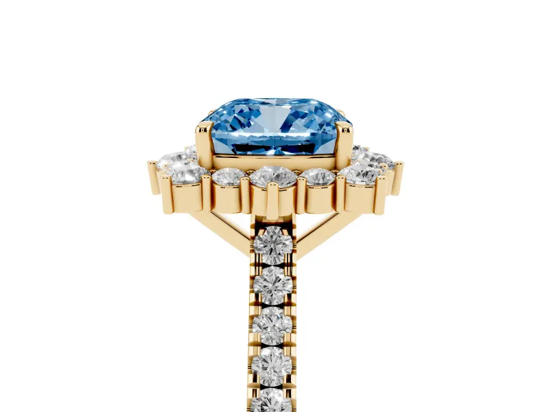 Cushion Cut Scalloped Halo Engagement Ring Setting for a Fancy Blue Lab-Grown Diamond | Single Row Pave | Yellow Gold