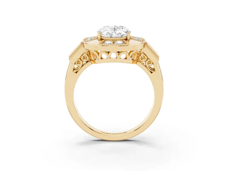 Oval Milgrain Sectioned Halo Engagement Ring Setting | Square-Framed Sides | Yellow Gold