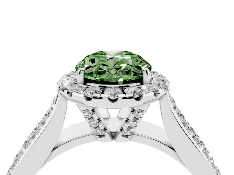 Fancy Green Oval Cut Diamond Halo Ring Set in Silver with Pavé Band and Raised Center Setting
