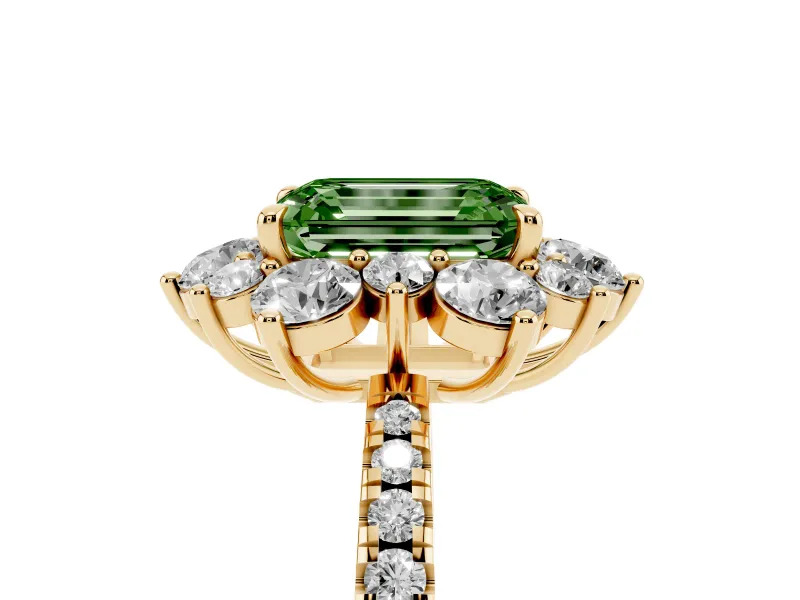 Fancy Green Emerald Cut Diamond Floral Halo Ring Set in Yellow gold with Round Pavé Band and Prong Setting