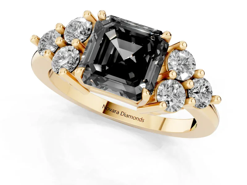 Asscher Cut Cluster Side Stone Engagement Ring Setting for a Black Center | Plain Band | Yellow Gold