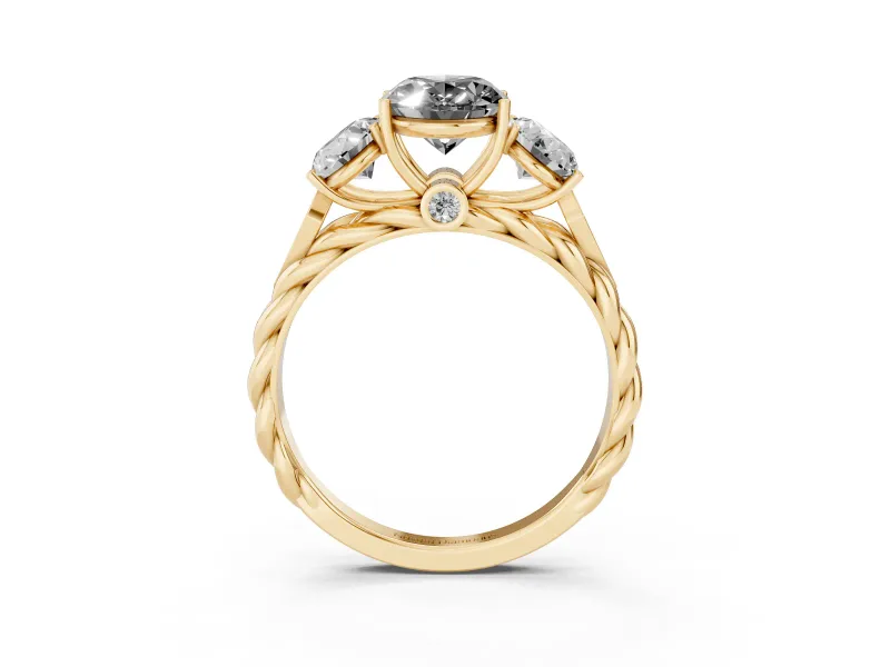 Oval Three Stone Engagement Ring Setting for a Black Center | Braided Band | Yellow Gold