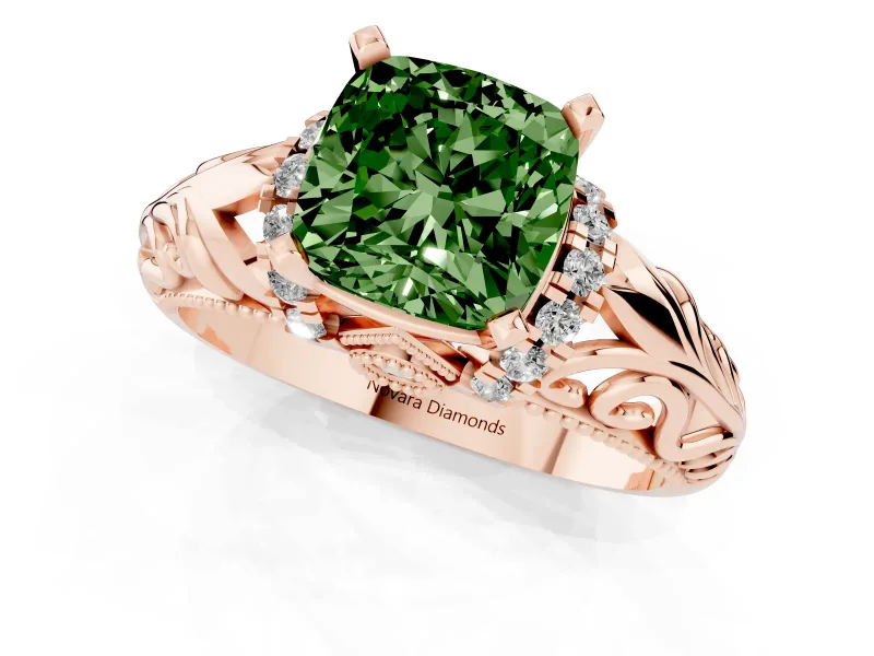 Fancy Green Cushion Cut Diamond Filigree Halo Engagement Ring Set in Rose gold with Prong Setting