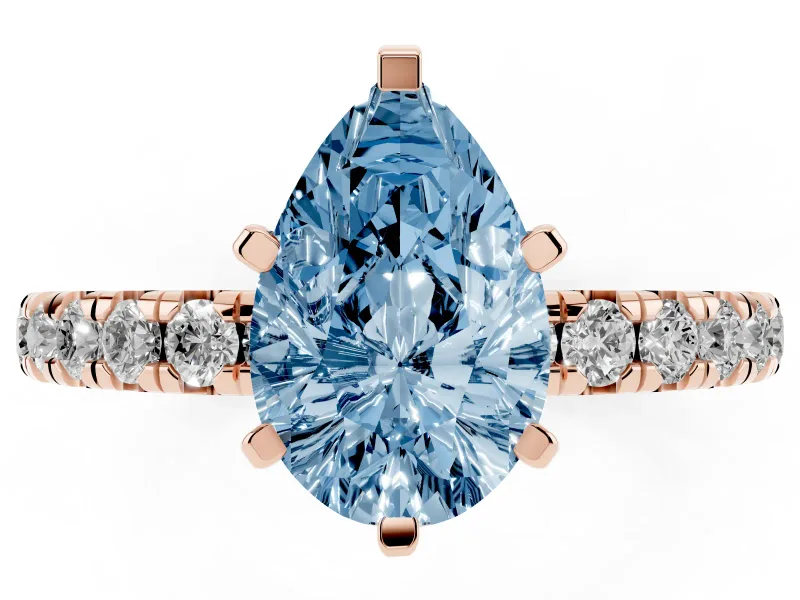 Fancy Blue Pear Cut Diamond Pavé Solitaire Ring Set in Rose gold with Round Band and Prong Setting