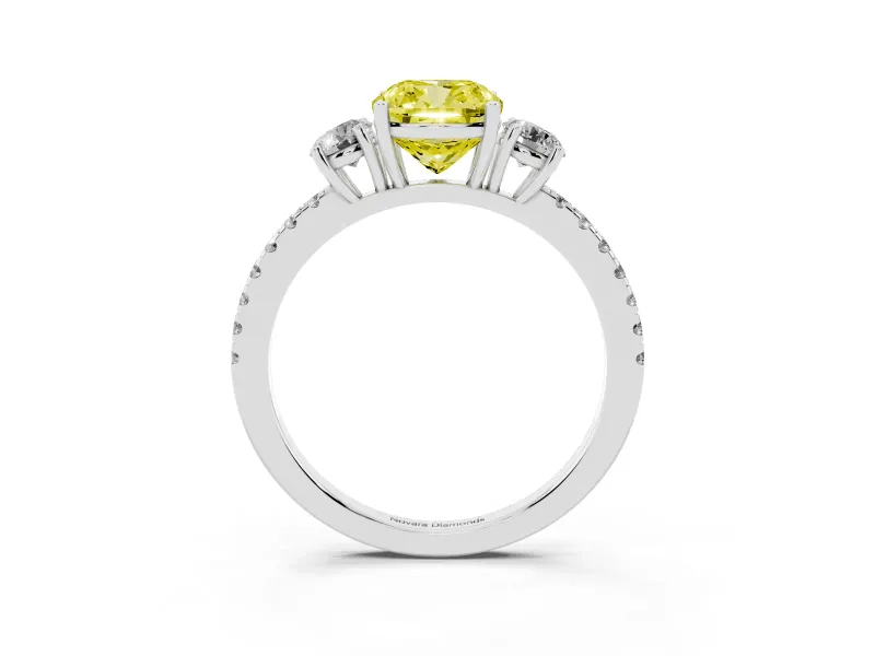 Cushion Cut Three Stone Engagement Ring Setting for a Fancy Yellow Lab-Grown Diamond | Pave Shoulders | Sterling Silver