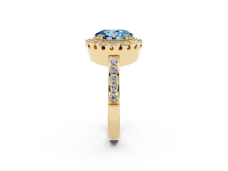 Oval Vintage Milgrain Halo Engagement Ring Setting for a Fancy Blue Lab-Grown Diamond | Pierced Gallery | Yellow Gold