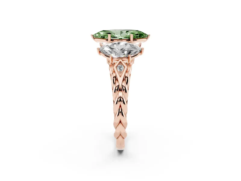 Fancy Green Marquise Cut Diamond Three-Stone Ring Set in Rose gold with Braided Band