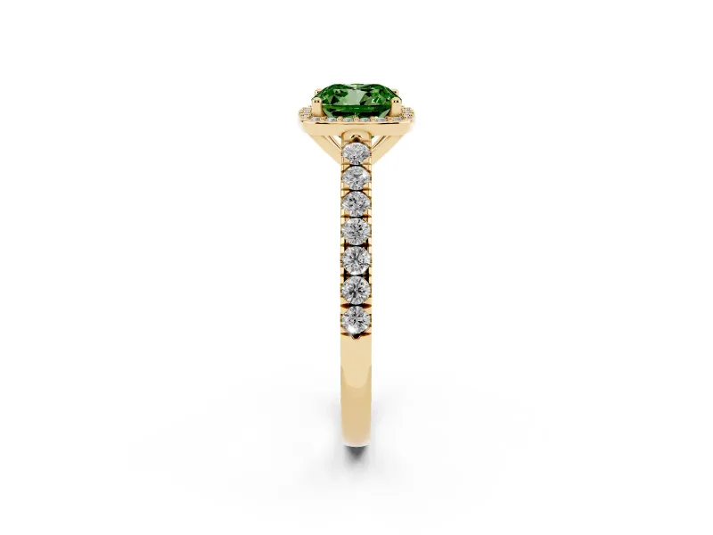 Fancy Green Cushion Cut Diamond Halo Engagement Ring Set in Yellow gold with Pavé Band and Prong Setting
