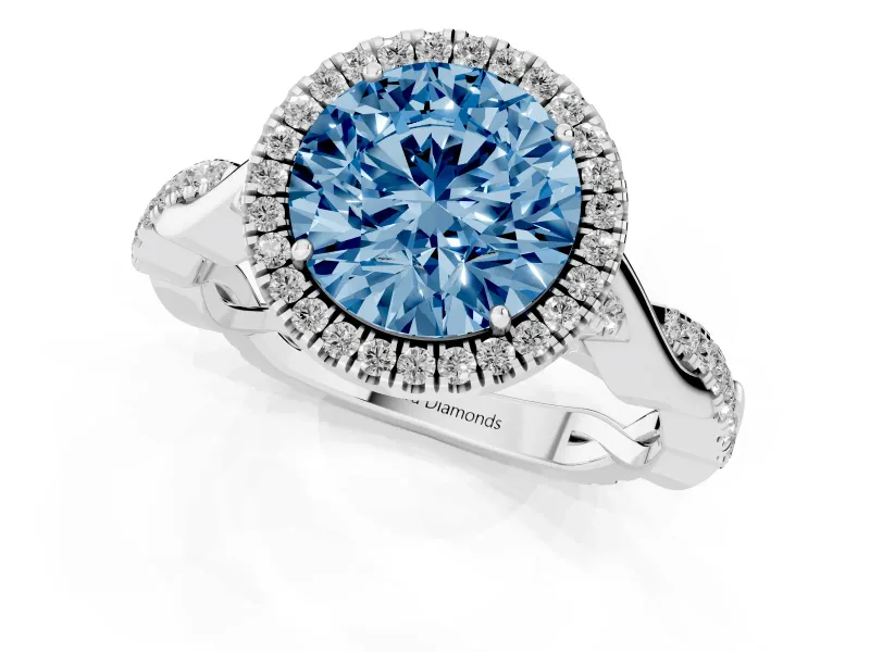 Round Halo Engagement Ring Setting for a Fancy Blue Lab-Grown Diamond | Pavé Twist Band | White Gold