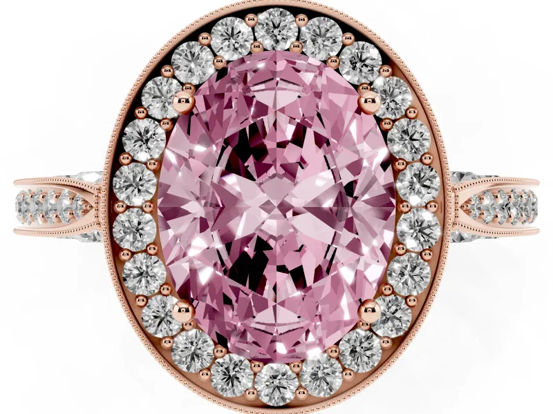 Oval Vintage Milgrain Halo Engagement Ring Setting for a Fancy Pink Lab-Grown Diamond | Side Stones and Pave | Rose Gold