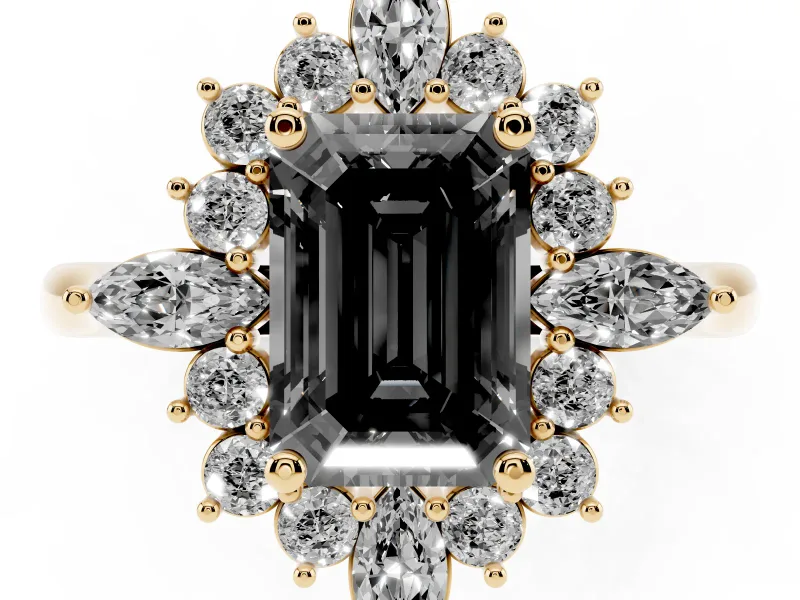 Emerald Cut Cluster Halo Engagement Ring Setting for a Black Center | Yellow Gold
