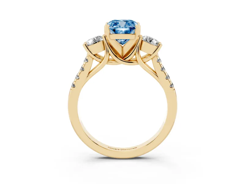 Cushion Cut Three-Stone Engagement Ring Setting for a Fancy Blue Lab-Grown Diamond | Yellow Gold