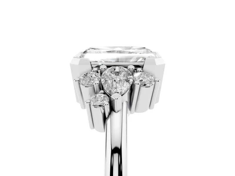 Radiant Cut Pear Side Stone Cluster Engagement Ring Setting | Bezel Frame | Platinum