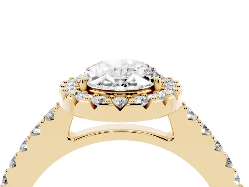 Oval Cut Diamond Halo Pavé Solitaire Ring Set in Yellow gold with Prong-Set Center Stone