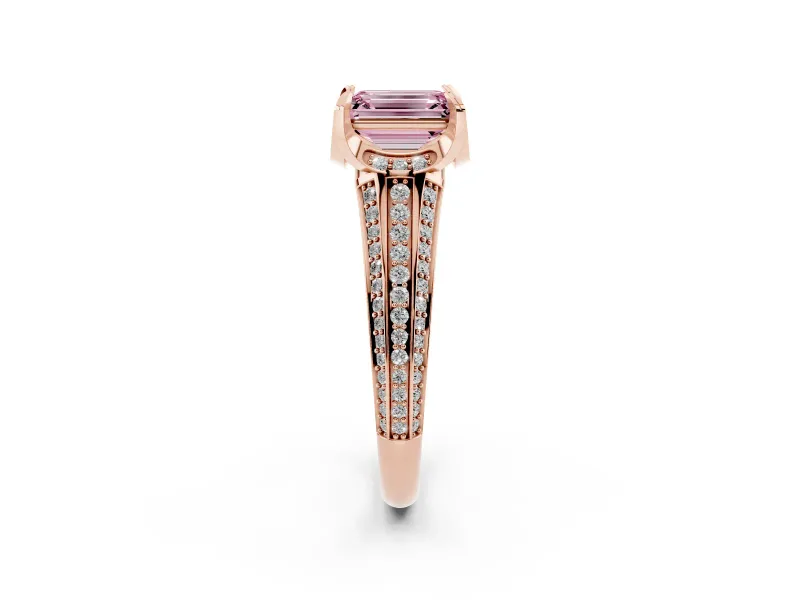 Fancy Pink Emerald Cut Diamond Pavé Split Shank Solitaire Ring Set in Rose gold with Prong Setting