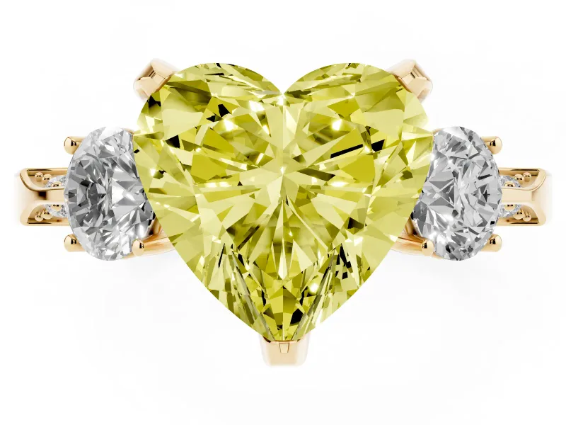 Heart-Shaped Hidden Halo Three Stone Engagement Ring Setting for a Fancy Yellow Lab-Grown Diamond | Yellow Gold
