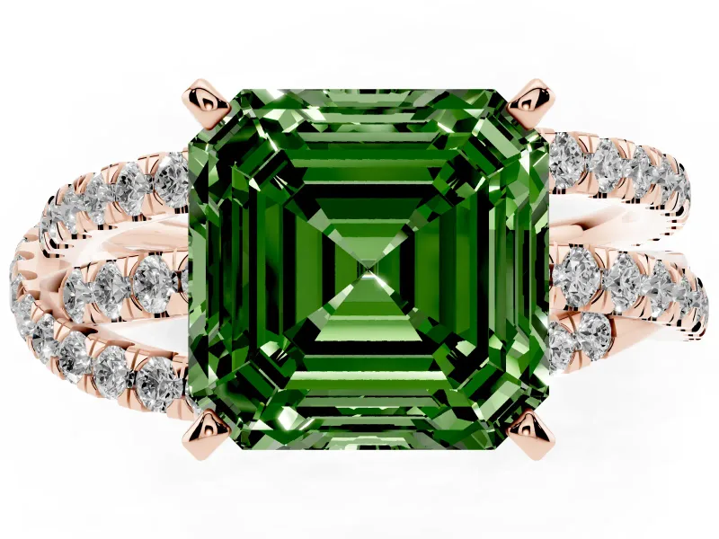 Fancy Green Asscher Cut Diamond Solitaire Twist Band Ring Set in Rose gold with Pavé Setting and Prong Head