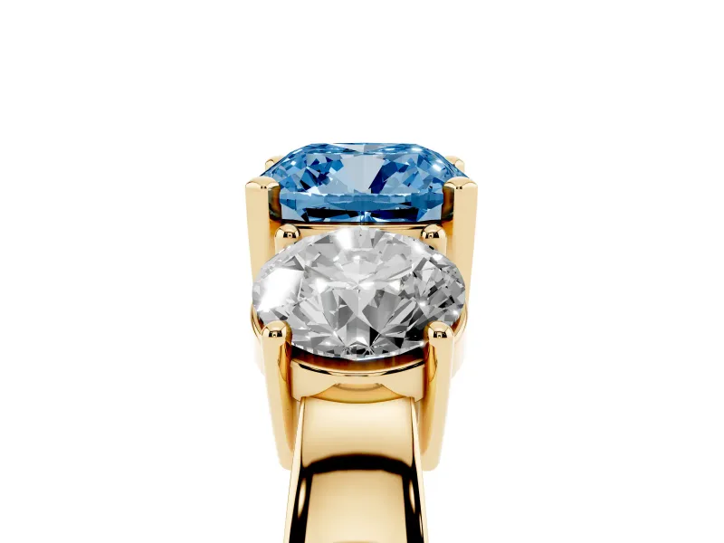 Cushion Cut Three Stone Engagement Ring Setting for a Fancy Blue Lab-Grown Diamond | Wide Plain Band | Yellow Gold