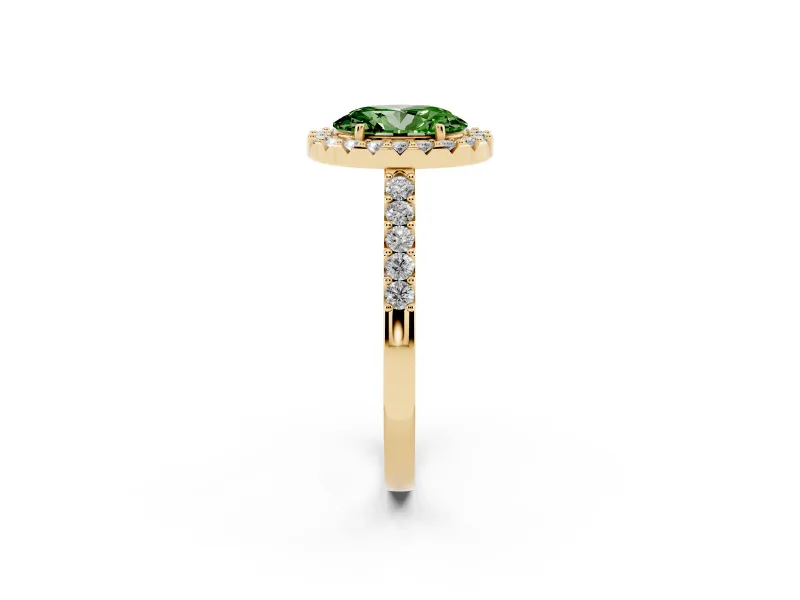 Fancy Green Oval Cut Diamond Halo Pavé Solitaire Ring Set in Yellow gold with Prong-Set Center Stone