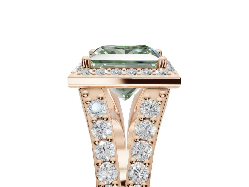 Princess Cut Halo Pavé Engagement Ring Setting for a Fancy Green Lab-Grown Diamond | Narrow Split Shank | Rose Gold