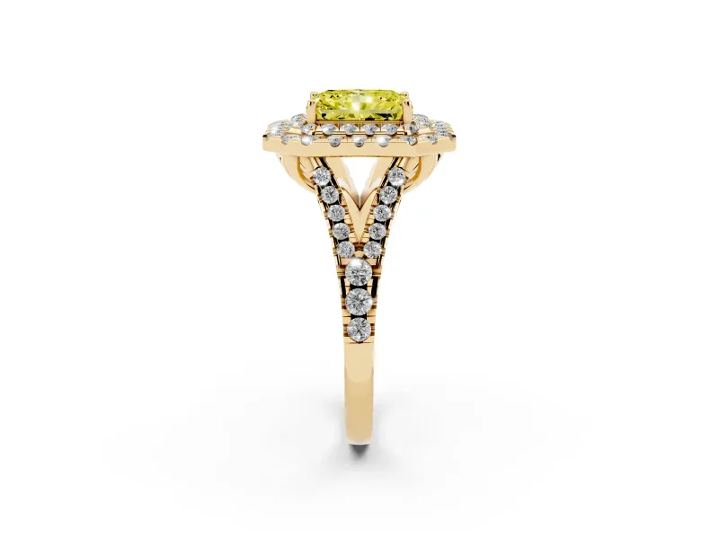 Radiant Cut Halo Split Shank Engagement Ring Setting for a Fancy Yellow Lab-Grown Diamond | Yellow Gold