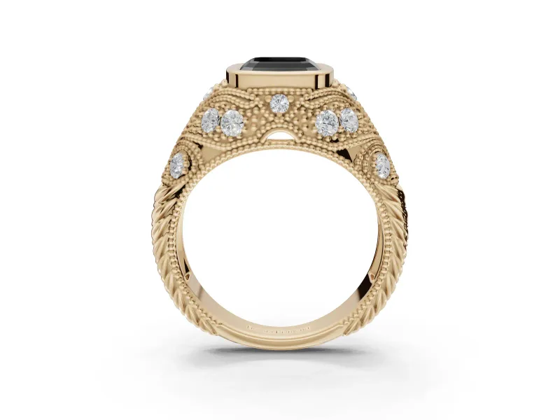 Asscher Cut Vintage Bezel Engagement Ring Setting for a Black Center | Milgrain Band | Yellow Gold