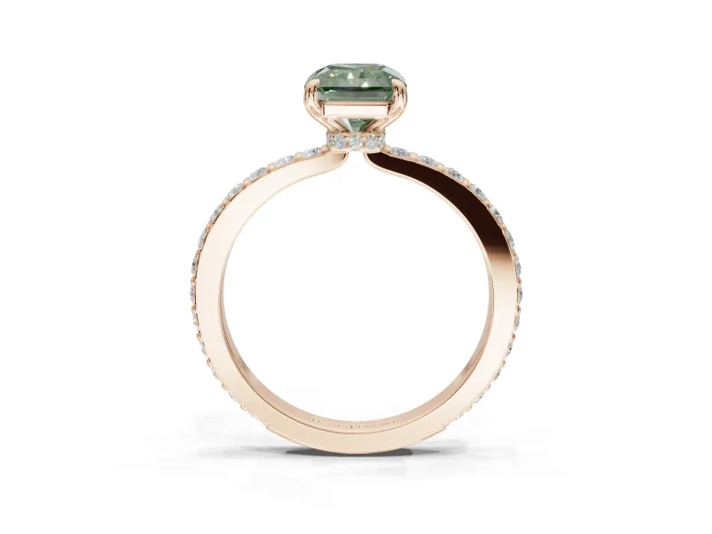 Radiant Cut Hidden Halo Engagement Ring Setting for a Fancy Green Lab-Grown Diamond | Pavé Band | Rose Gold