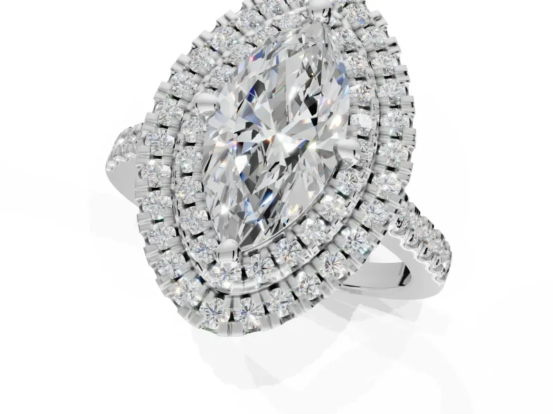 Marquise Lab-Grown Diamond Double Halo Statement Ring Set in White Gold with Pavé Band