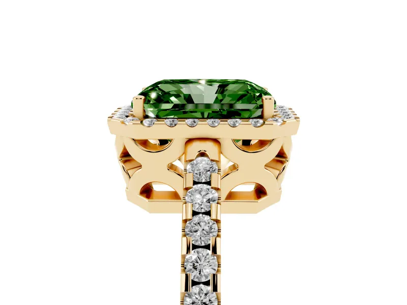 Radiant Cut Pave Halo Engagement Ring Setting for a Fancy Green Lab-Grown Diamond | Yellow Gold