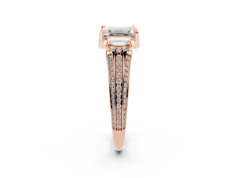 Emerald Cut Hidden Halo Engagement Ring Setting | Triple Row Pavé Band | Rose Gold