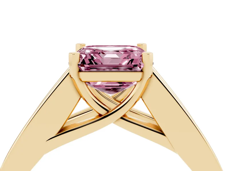 Fancy Pink Asscher Cut Diamond Solitaire Ring Set in Yellow gold with Channel-Set Accent Stones and Prong Setting