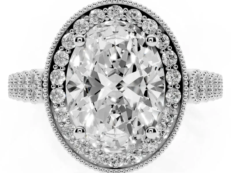 Oval Cut Diamond Milgrain Halo Solitaire Ring Set in Platinum with Bezel Set Side Stones and Pavé Band
