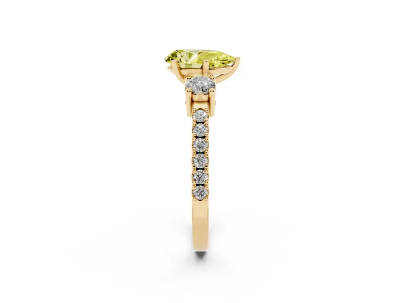 Fancy Yellow Three-Stone Pear Cut Diamond Pavé Band Ring Set in Yellow gold with Prong Setting