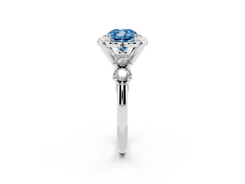 Cushion Cut Floral Engagement Ring Setting for a Fancy Blue Lab-Grown Diamond | Petal Frame and Side Stones | Platinum