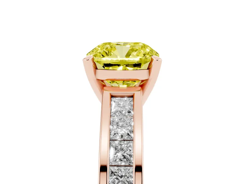 Fancy Yellow Cushion Cut Diamond Solitaire Ring Set in Rose gold with Channel-Set Band and Prong Setting
