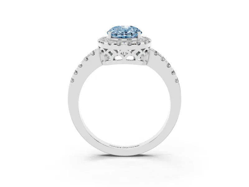 Fancy Blue Oval Cut Diamond Pavé Band Halo Engagement Ring Set in Silver with Prong Setting