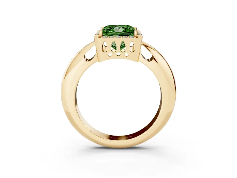 Fancy Green Princess Cut Diamond Halo Engagement Ring Set in Yellow gold with Plain Split Shank and Prong Setting